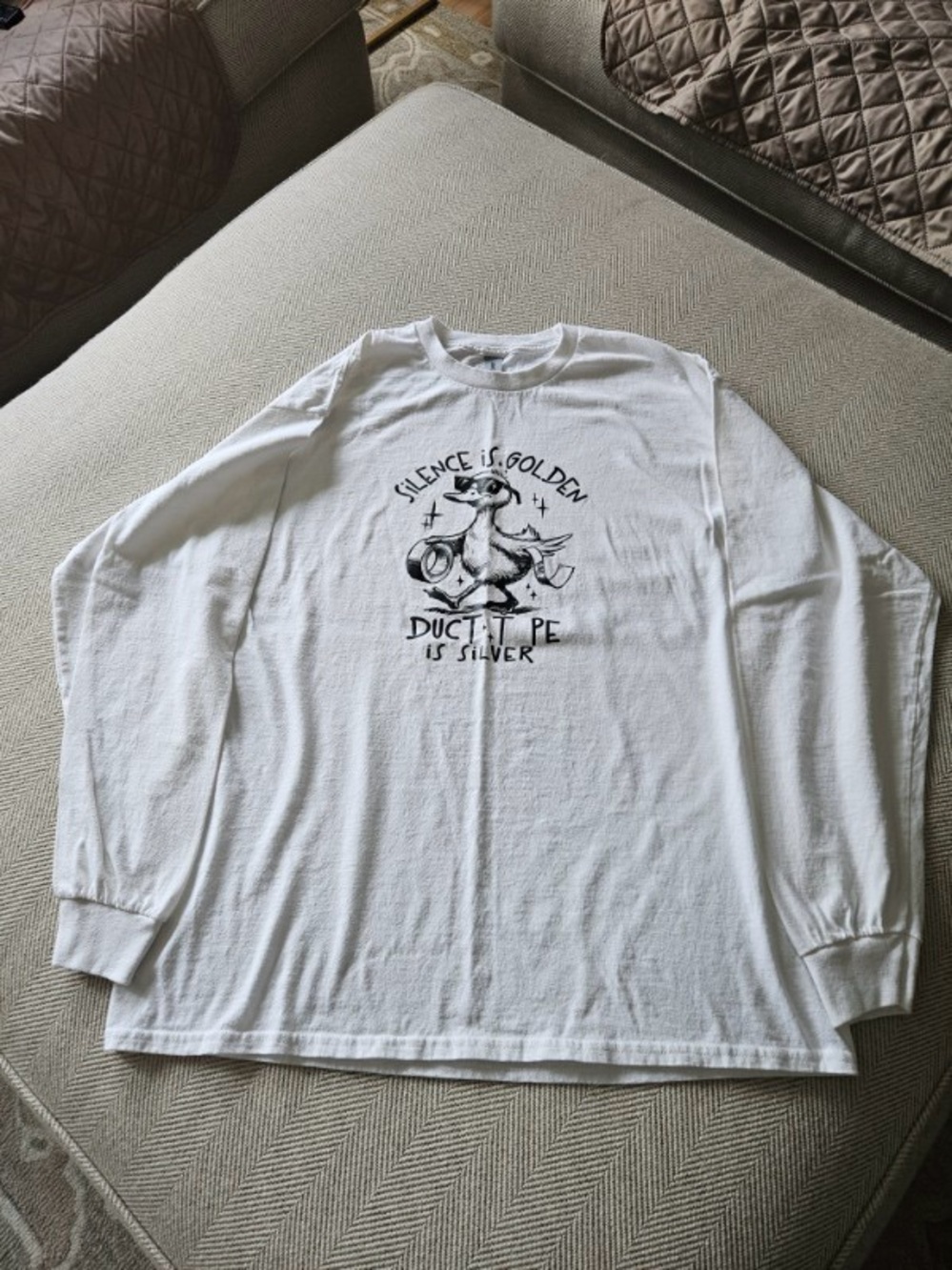 Gildan White Long-Sleeve Graphic Tee with Black Duck Illustration